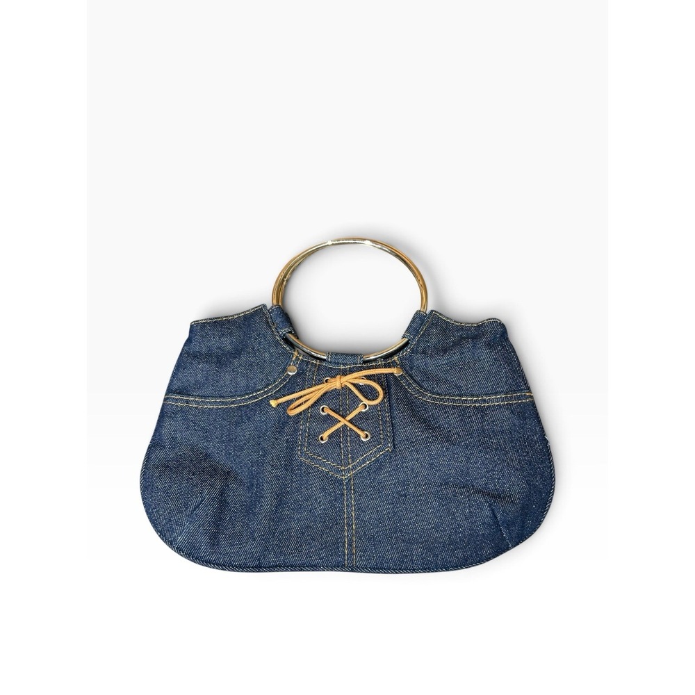 Vtg Y2K Dark Blue Denim Jean Handbag Purse Metal Ring Handle Lace Up Detail